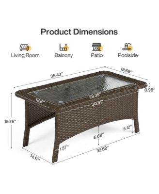 Outdoor Wicker Coffee Table with Hammered Glass Top, Hand PE Rattan Wicker Patio Furniture Set, All-Weather Rectangular Patio Table