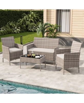 4-Piece Patio Furniture Set, Rattan Outdoor Furniture with Upholstered Sofa, 2 Chairs and Coffee Table, Modern Conversation Bistro Set