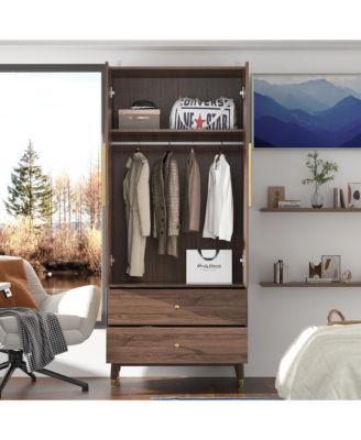 Armoire with 2-Drawers, Hanging Rod and Metal Handles