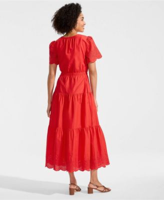 Women's Tiered Cotton Poplin Eyelet Maxi Dress