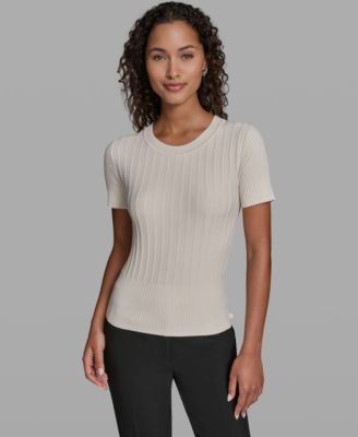 Women's Ribbed Short-Sleeve Crew Neck Sweater