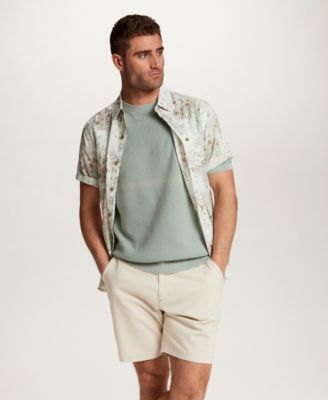 Vintage Men's Short-Sleeve Button-Down Linen Rayon Print Shirt, Short-Sleeve Brick Crewneck Sweater, and Regular-Fit Stretch Twill 8" Shorts