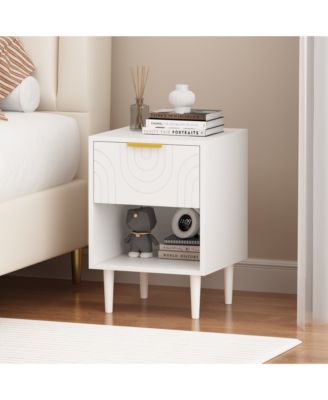Modern White Nightstand with Gold Handle One Drawer and Open Shelf