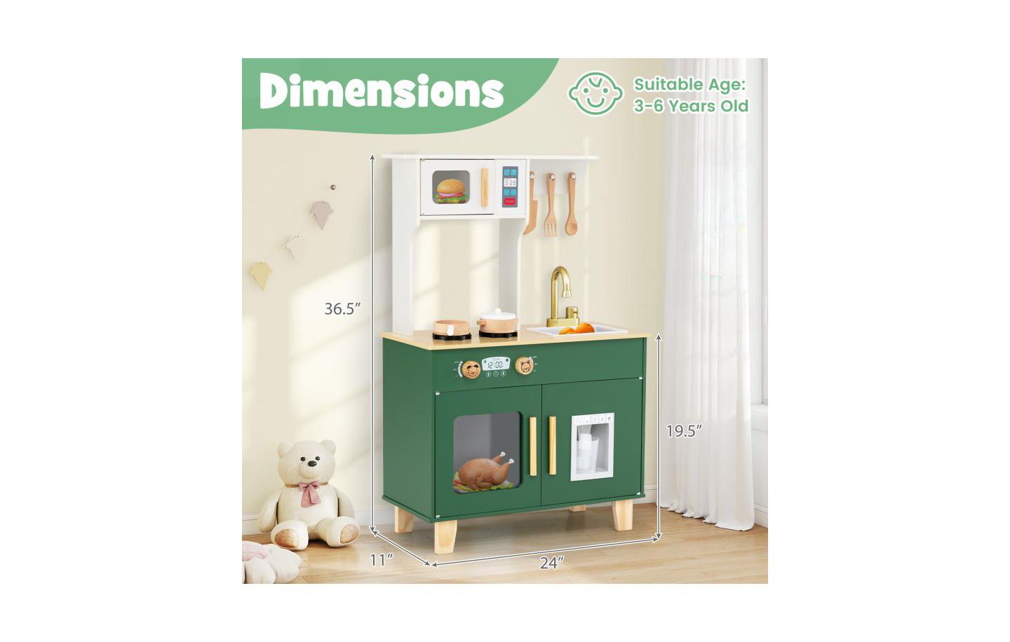 Детская игрушка Slickblue Wood Pretend Play Kitchen with Microwave and Rotating Knobs, 1-Piece, Ages 3+, цвет: Зелёный — фото 3