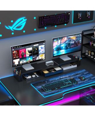 Dual Monitor Stand Riser Desk Organizer Drawer 2 Pen Holders Shelf