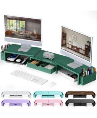 Dual Monitor Stand Riser Desk Organizer Drawer 2 Pen Holders Shelf