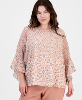 Plus Size Printed Boat Neck Ruffled-Sleeve Top