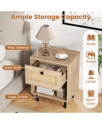 Rattan Nightstand Boho End Table with Rattan Drawer and Open Shelf