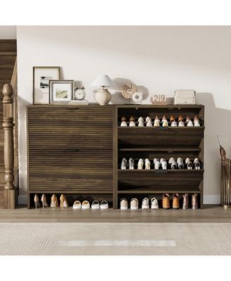 Fluted Shoe Cabinet with 2 Flip Drawers, Wide Slim Entryway Storage