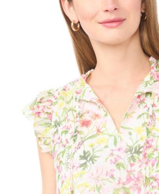 Women's Split Neck Flutter-Sleeve Blouse