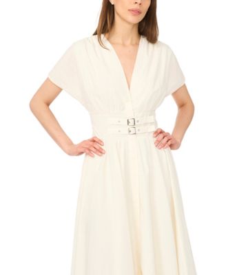 Women's V-Neck Short-Sleeve Cinch Waist Cotton Midi Dress