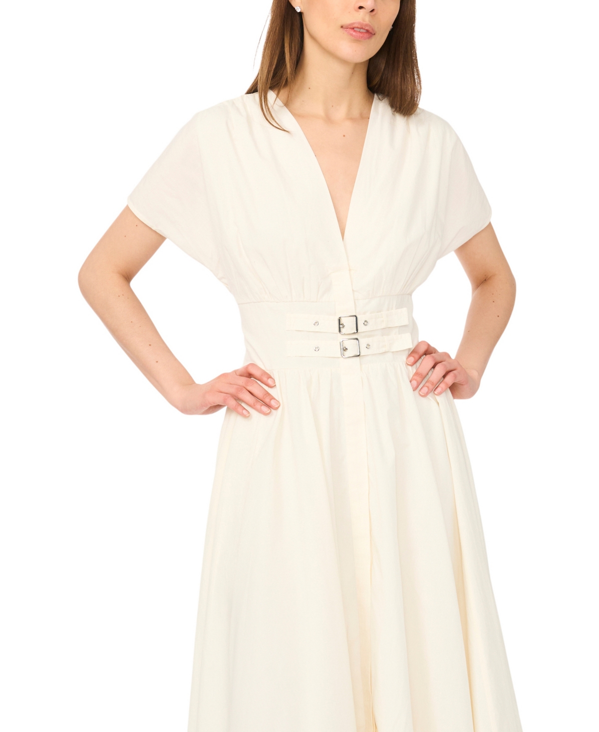 CeCe Women's V-Neck Short-Sleeve Cinch Waist Cotton Midi Dress