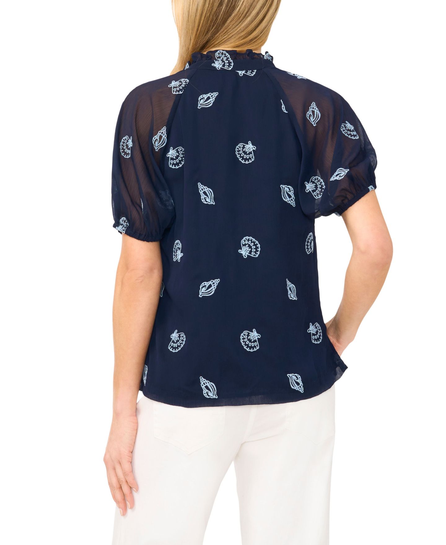 Женская блузка CeCe Embroidered Split V-Neck Blouse, цвет: Тёмно-синий — фото 4