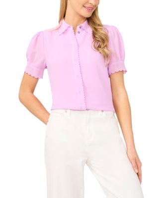 Women's Scalloped Puff-Sleeve Button-Front Top