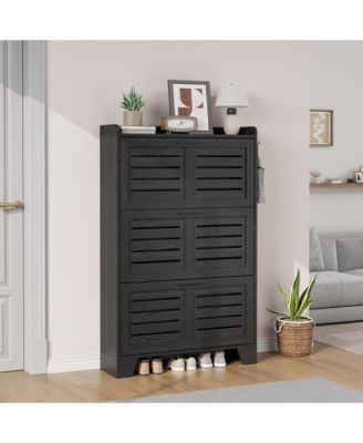 Slim Shoe Cabinet with 2 Flip Drawers and Side Hooks, Deep Entryway Storage
