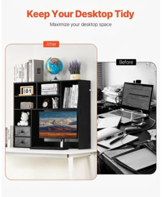 3-Tier Wood Desktop Bookshelf Storage Organizer with Fabric Drawers for Office