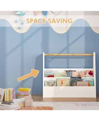 Kids Bookshelf with Wooden Handle, 2-Tier Front-Facing Toddler Bookcase, Portable Book Storage Organizer for Nursery, Playroom