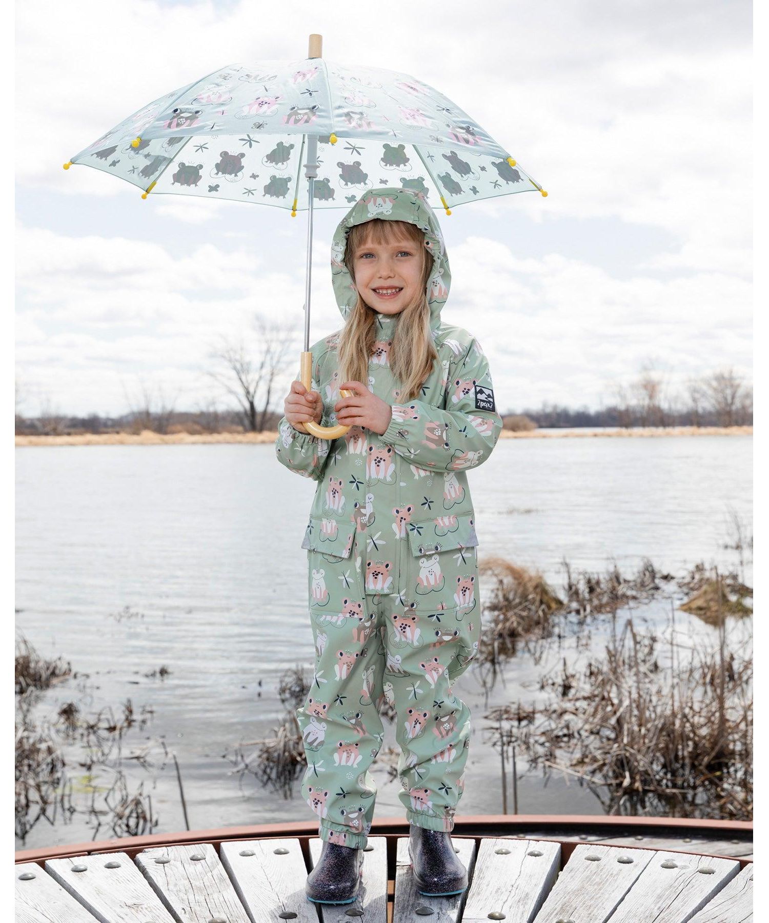 Little Girls Polyurethane Frog Print Rain One-Piece