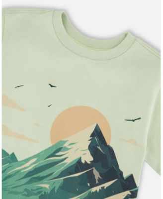 Little Boys Cotton Jersey T-Shirt with Mountain Print Sage