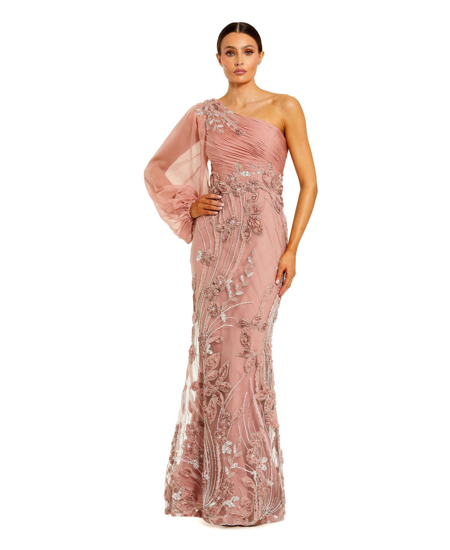 Женские платья Mac Duggal Chiffon Gown with Embroidered Floral Skirt, цвет: Мокко — фото 1