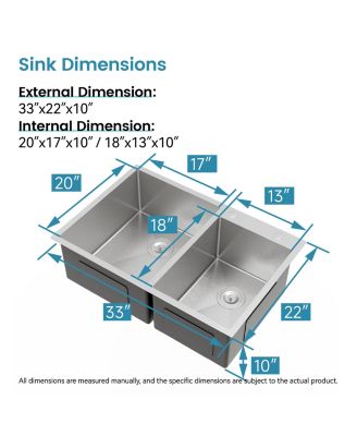 33 x 19 Inch Embedded Double Bowl Kitchen Sink Overmount Handmade Brushed Stainless Steel