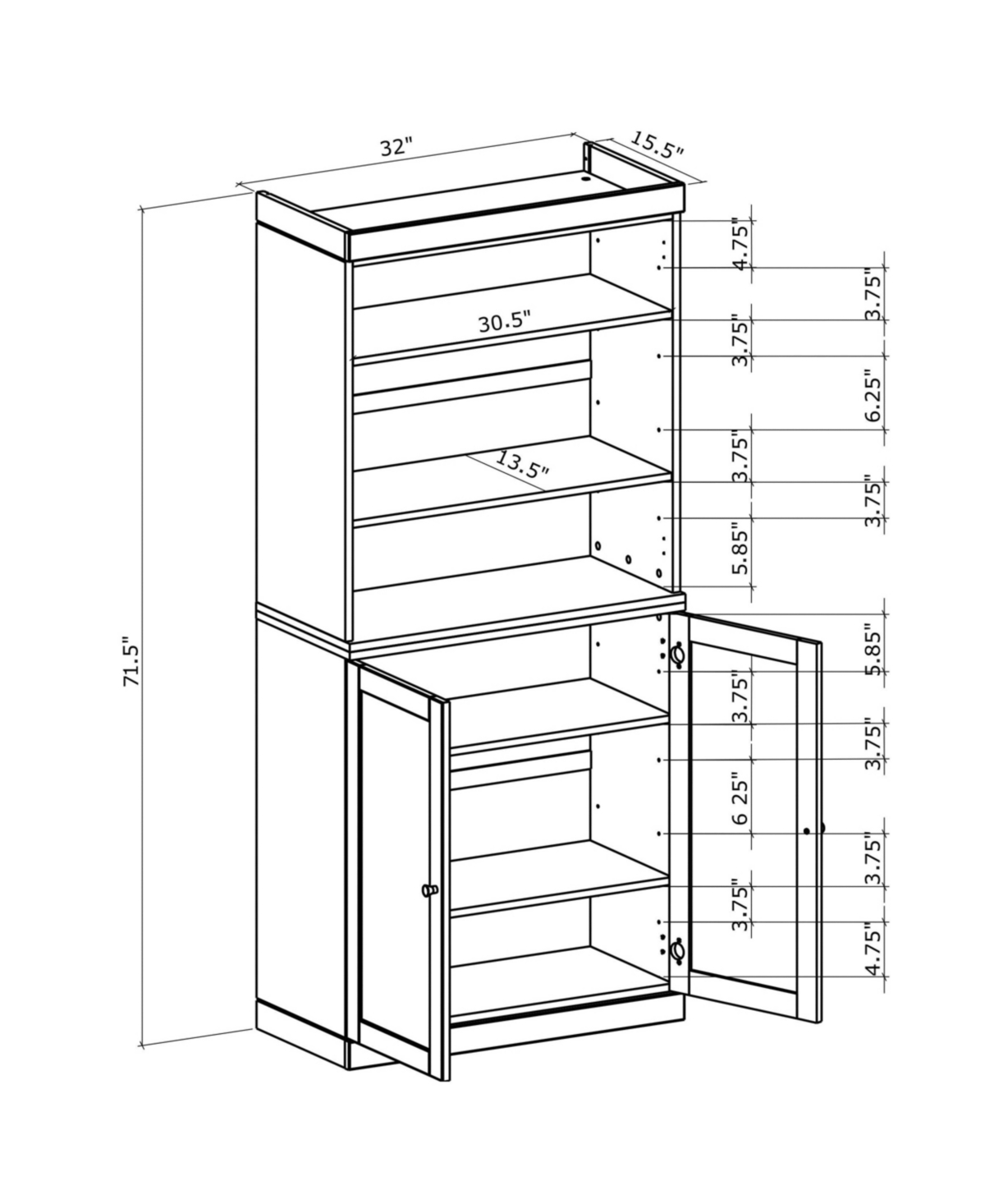 Palace Imports Premium 100% Solid European Oak Hardwood 6-Shelf Modular Bookcase with Bottom Shaker Doors.