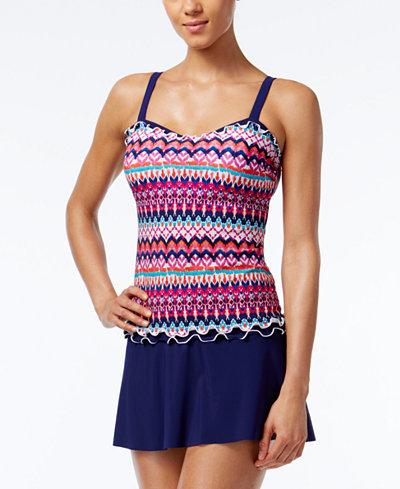 Profile by Gottex Printed Ruffled D-Cup Underwire Tankini Top & Solid Swim Skirt