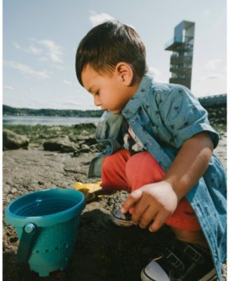 Little Boys Short Sleeve Chambray Shirt Blue Palm Print