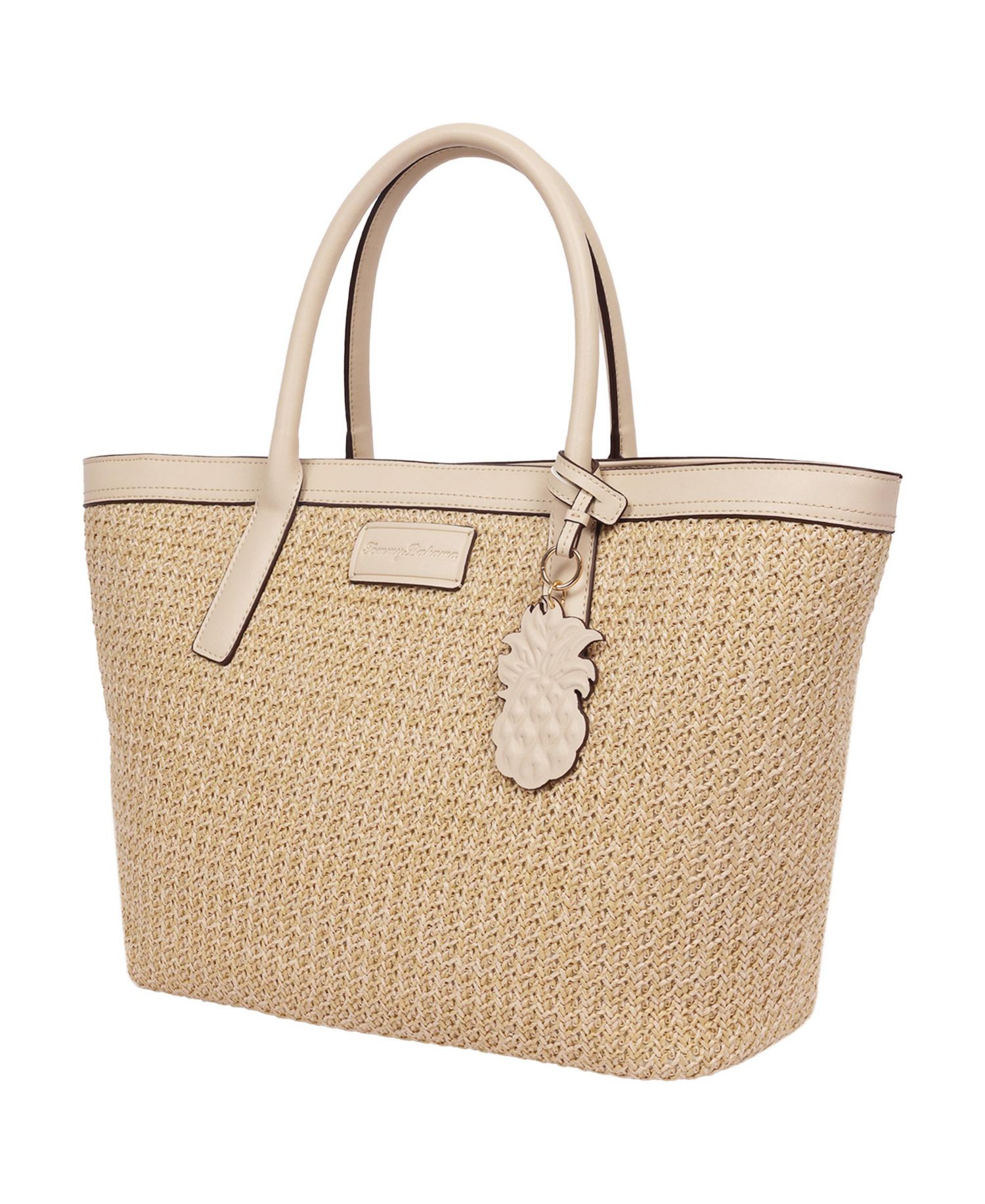 Raffia and PU Large Logo Tote - Woven Straw Beach Tote with Pineapple Charm