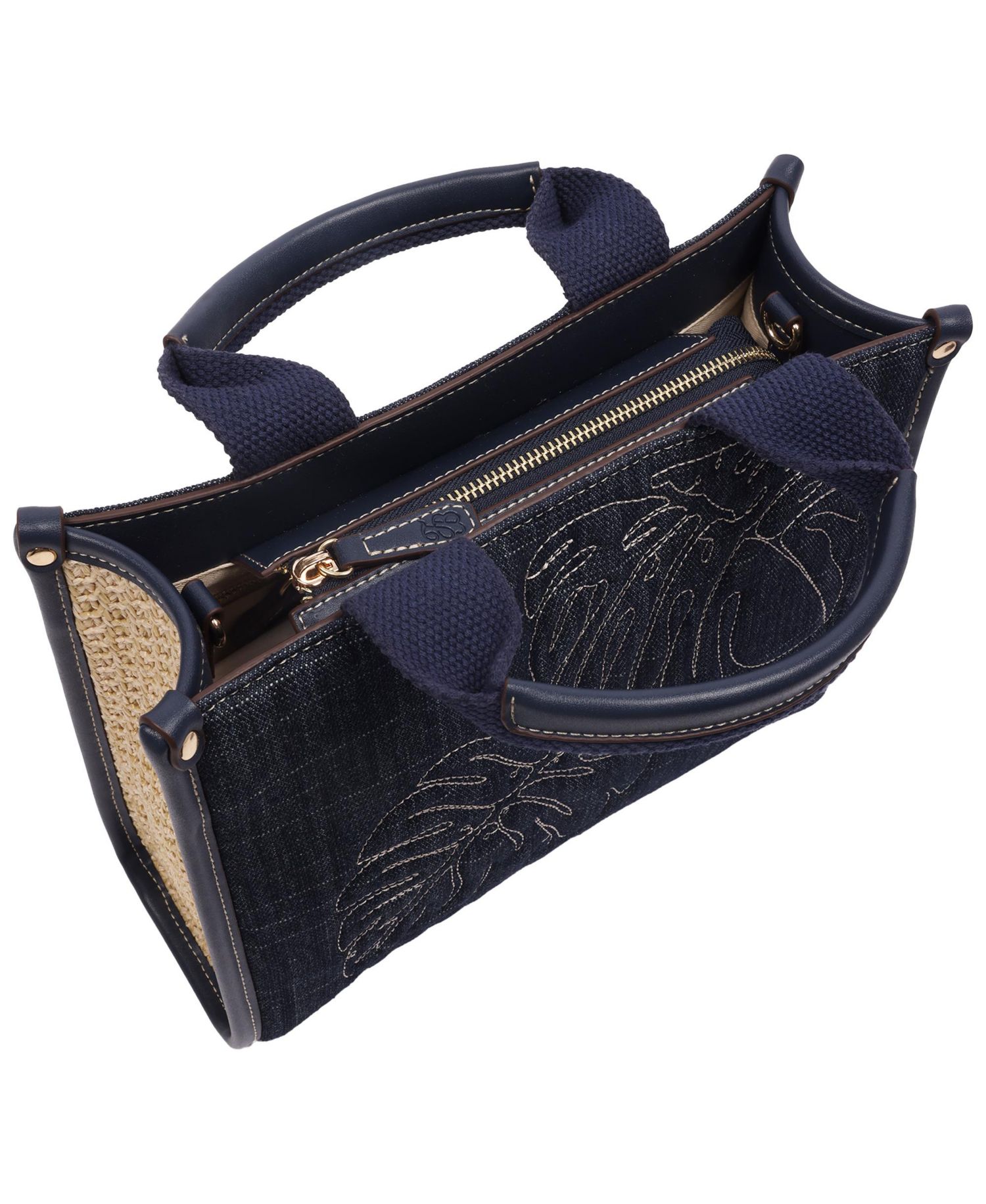 Dorothy Medium Denim Tote - Embroidered Leaf Convertible Top Handle and Crossbody Bag