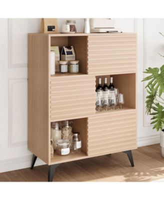 31" Fluted Sliding Door Sideboard,Modern Wooden Storage Cabinet with Metal Base, Floor-Standing Storage Cabinet