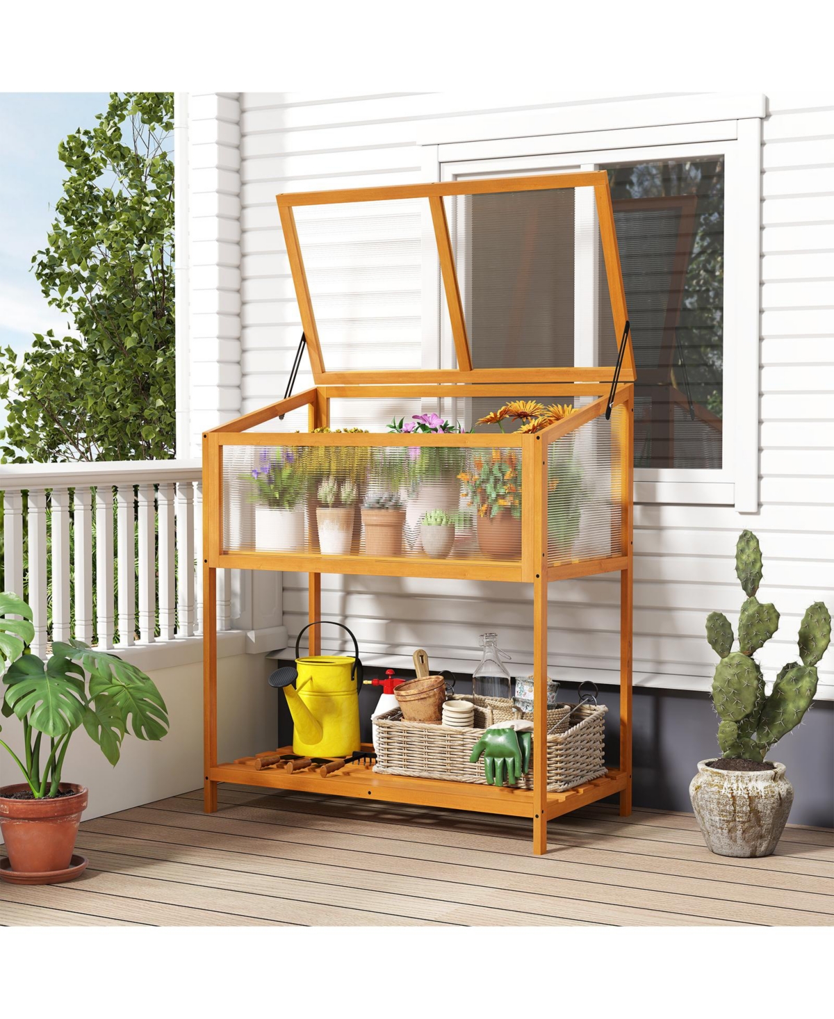 Sugift Wood Cold Frame Greenhouse with Transparent Openable Roof and Slatted Storage Shelf