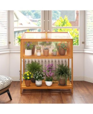 Wood Cold Frame Greenhouse with Transparent Openable Roof and Slatted Storage Shelf