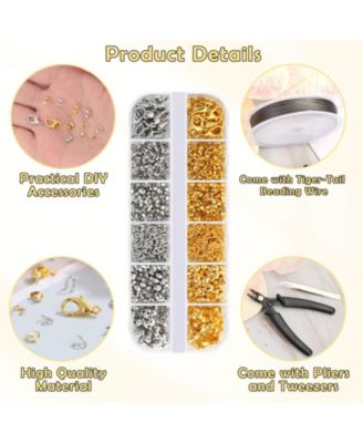 1200 Crimp Beads Kit Covers Tubes Wire Guardians Clasps Jump Rings Pliers Bracelets