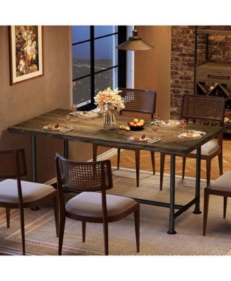 63-Inch Solid Wood Dining Table for 4-6, Industrial Large Kitchen Table with Metal Footrest, Rectangular Wooden Dinner Table