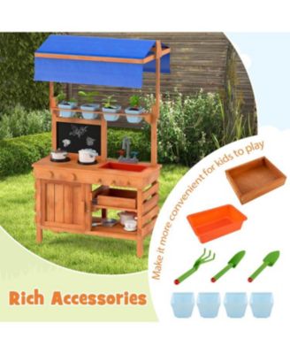 Wooden Pretend Play Kitchen with Adjustable Canopy for Kids