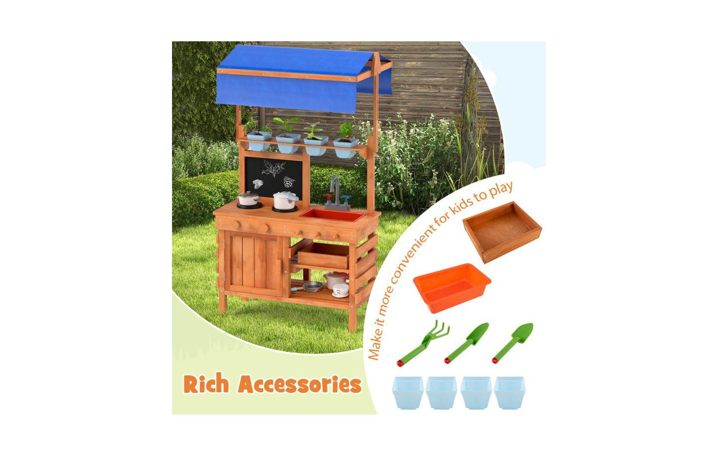 Детская игрушка HONGGE Wooden Adjustable-Canopy Pretend Play Kitchen with Accessories, Ages 3+, цвет: Натуральный — фото 10