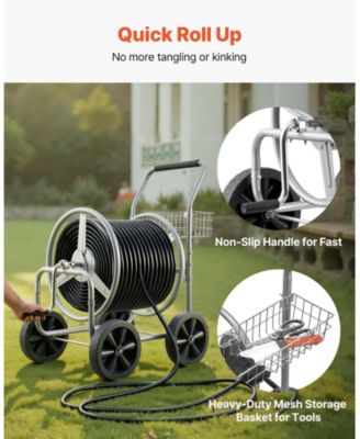 Mobile Steel Hose Reel Cart with Storage Basket Holds Up to 250 ft of Hose