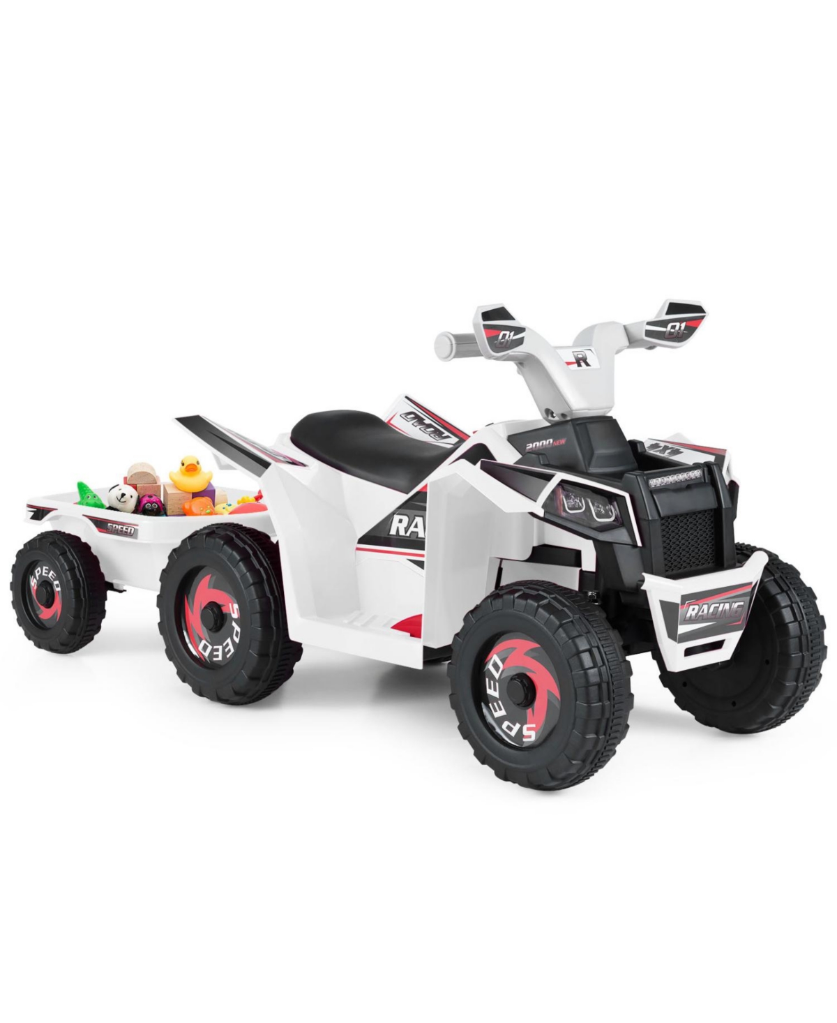 Slickblue Kids 6V Ride On Atv Quad with Trailer, Electric Battery Powered Car - White