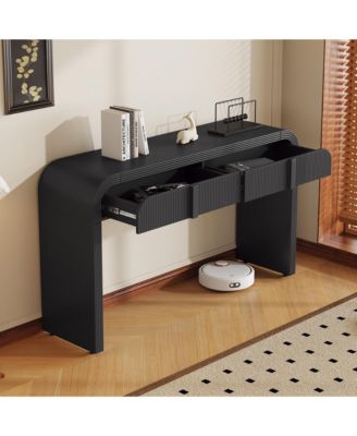 55" Modern Fluted Curved Console Table, Wood Entryway Accent Table with 2 Drawers and Rounded Edges for Hallway, Living Room