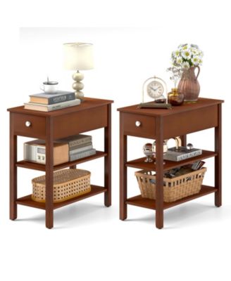 Set of 2 3-Tier Narrow End Tables with Drawer and Storage Shelves
