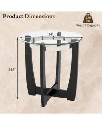 24 in Round Accent Side Table with Tempered Glass Top and Rubber Wood Base