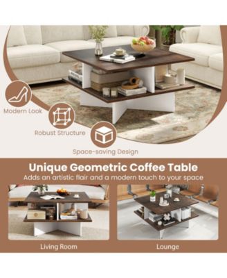 2-Tier Square Coffee Table with 4 Storage Compartments