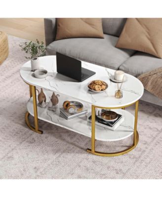 Oval 2-Tier Coffee Table with Open Storage Shelf
