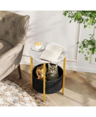 Round 2-Tier End Table with Removable Fabric Basket and Metal Frame, 17.5 in