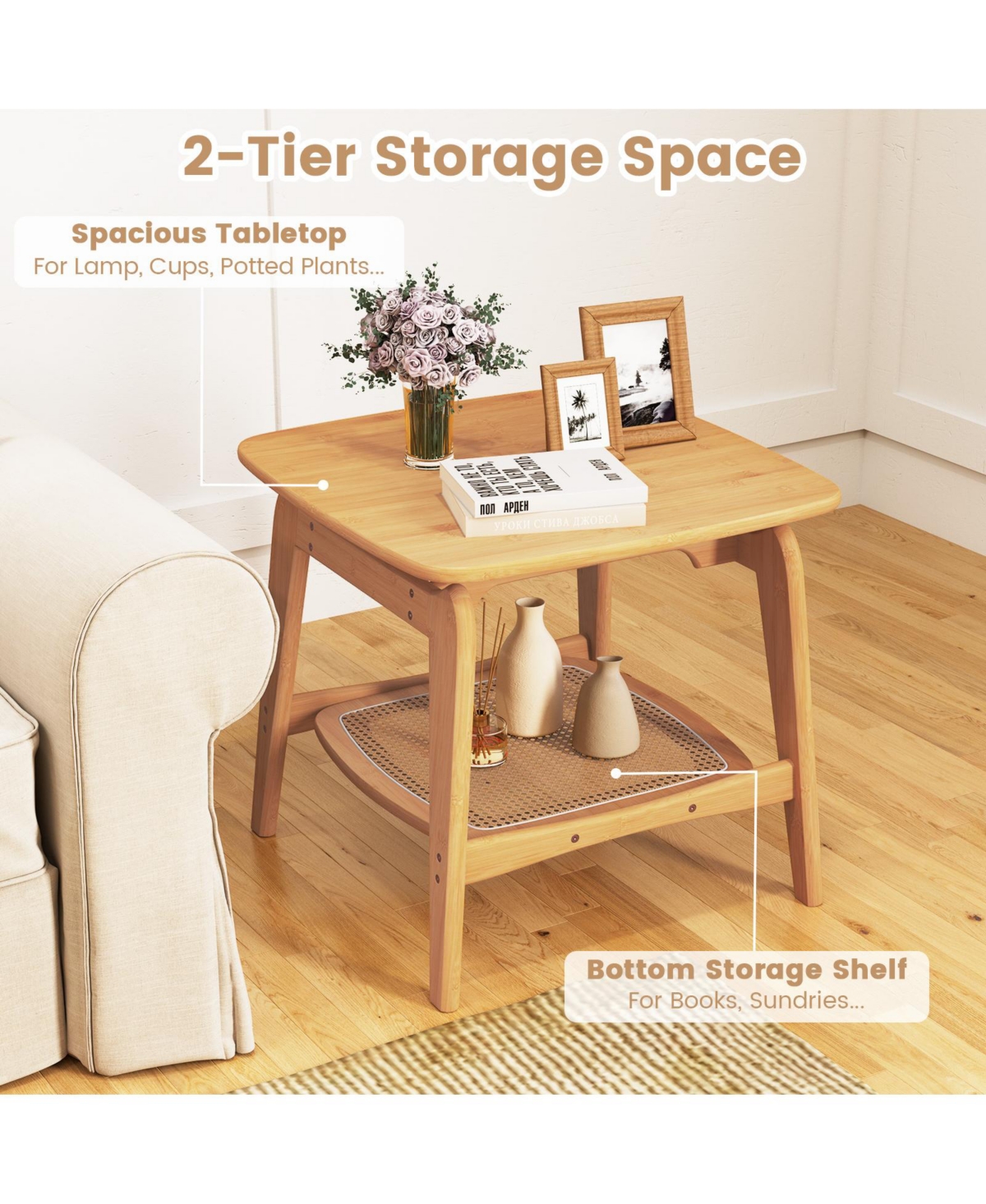 Gouun Boho Bamboo 2-Tier Sofa Side Table with Faux Rattan Shelf
