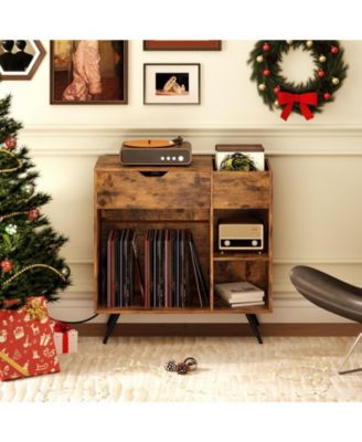 Record Player Stand with Power Outlet and Vinyl Storage Cubby, 31.5 x 16 x 31 in