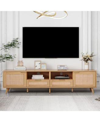 Rattan TV Stand for TVs , Media Console, Entertainment Center with 2 Drawers, 2- Open Shelves and Storage Cabinet for Living Room