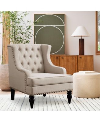 Vintage Button-Tufted Linen Accent Chair with Nailhead Trim, Plush Seat and Solid Wood Legs