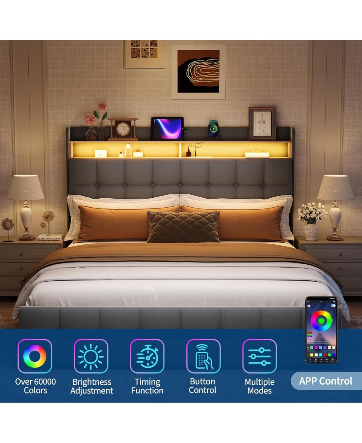 gaomon Full Bed Frame with 2 Storage Drawers, Upholstered Led Light